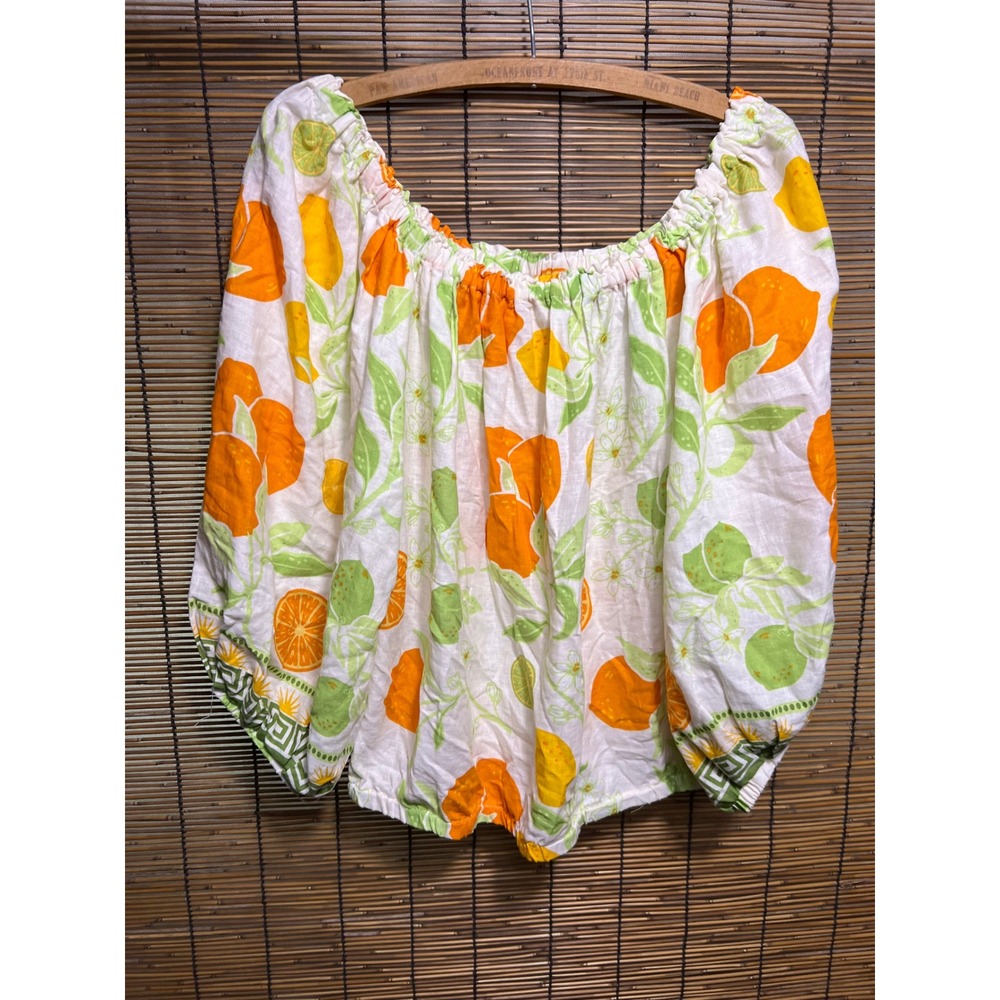 Rachel Zoe Citrus Print Off Shoulder Peasant Blouse Orange Lime Green Large